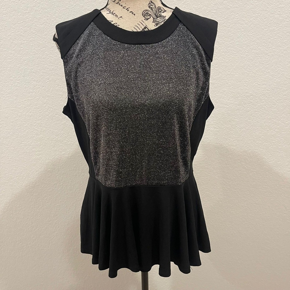 VTG Lapis Black Peplum Top Sparkle Glitter Front Lace Back Cutout XL‎